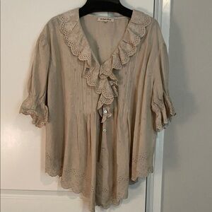Light Ecru Eyelet Ruffle Button-Front Blouse